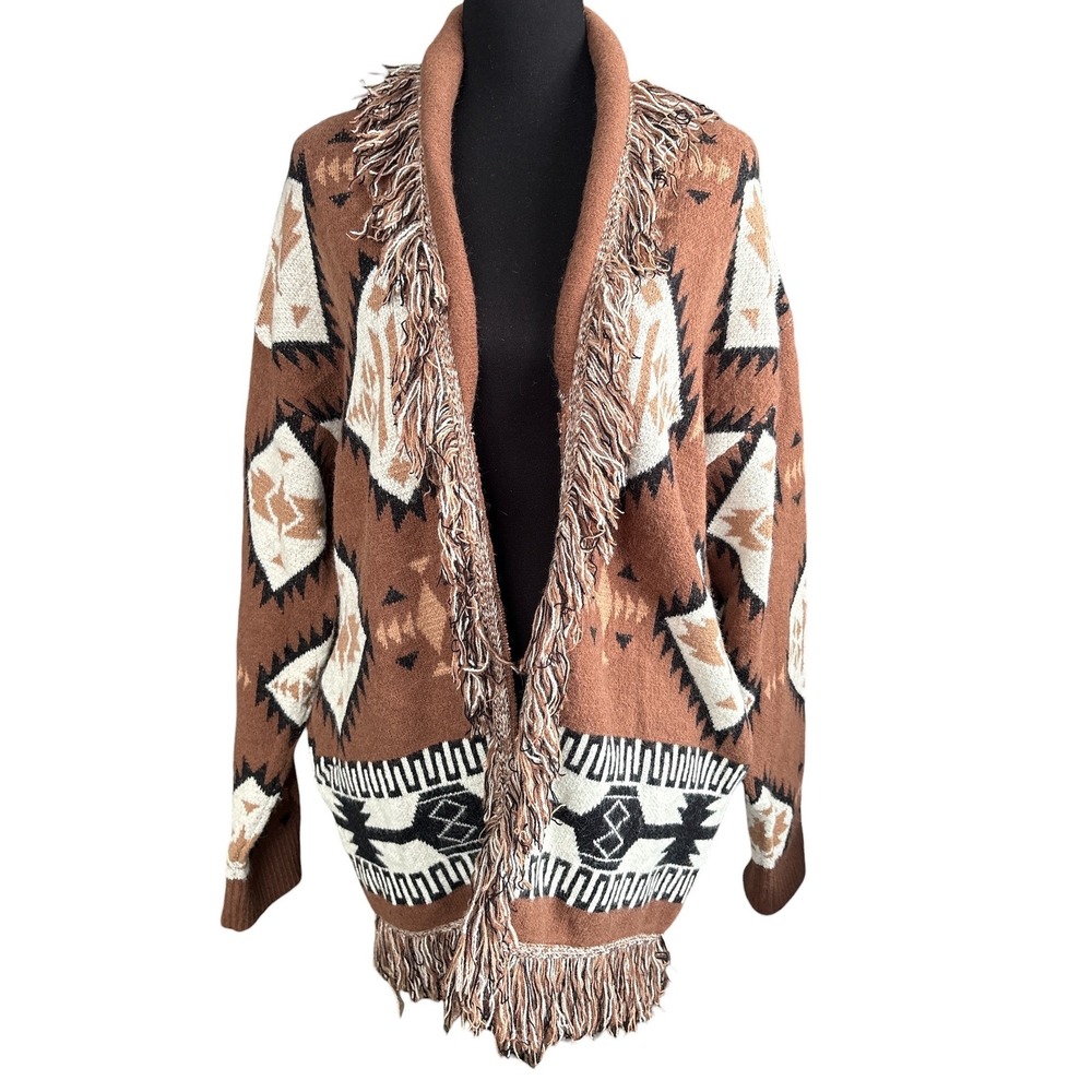 La Miel Aztec Fringed Open Front Draped Cardigan, Small, Bohemian, Southwestern